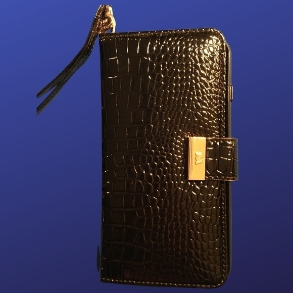 𝅺MYBAT Crocodile-Embossed Patent Leather Phone Wallet, Black, iPhone 6/6S, NWOT - Picture 1 of 12